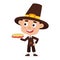 Happy thanksgiving day. Greeting card with pilgrims boy with pie