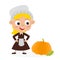 Happy thanksgiving day. Greeting card with pilgrims girl with pumpkin