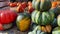 Happy thanksgiving day, harvest and fall concept. Many beautiful pumpkins decorated with hay. Holiday autumn festival