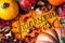 Happy Thanksgiving Day holiday background postcard concept cornucopia full harvest fruit vegetable Hand drawn greeting card autumn