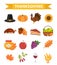 Happy Thanksgiving Day icon set, flat, cartoon style. Harvest festival collection design elements with turkey, pumpkin