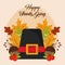 Happy thanksgiving day, pilgrim hat acorns autumn leaves foliage