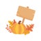 Happy thanksgiving day pumpkin wooden sign fall leaves foliage