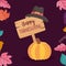 Happy thanksgiving day pumpkin wooden sign pilgrim hat fall foliage