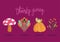 Happy thanksgiving day, turkey pumpkin mushroom branch foliage icons