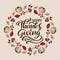 Happy Thanksgiving Day vector calligraphy lettering text. Round cute autumn wreath frame for greeting card with leaves