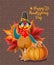 Happy Thanksgiving day. Vector greeting card with autumn fruit, vegetables, leaves and flowers. Harvest festival