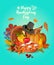 Happy Thanksgiving day. Vector greeting card with autumn fruit, vegetables, pumpkin, leaves and flowers. Harvest festival