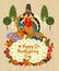 Happy Thanksgiving day. Vector greeting card with autumn fruit, vegetables, turkey, leaves and flowers. Harvest festival