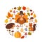 Happy Thanksgiving greeting banner. set of autumn elements. hedgehog, squirrel, pumpkin, turkey in a hat, maple leaf, mushrooms,