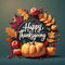 Happy Thanksgiving Greeting Card, 3D Realistic Round Wreath of autumn maple leaves, rowan berries, pumpkin