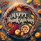 Happy Thanksgiving Greeting Card, 3D Realistic Round Wreath of autumn maple leaves, rowan berries, pumpkin