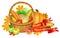 Happy Thanksgiving greeting card. Basket with vegetables, apples