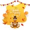 Happy Thanksgiving greeting card design decorated with hanging pumpkins, autumn leaves and turkey bird.