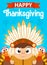 Happy Thanksgiving, greeting card, poster or flyer for holiday. Funny Thanksgiving turkeys and Indian boy