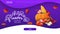 Happy Thanksgiving, greeting purple postcard for web site with autumn harvest