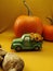 Happy thanksgiving, Halloween,  Vintage toy green truck  sunflower, pumpkin delivery