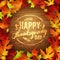 Happy Thanksgiving holiday poster, autumn red leaves and wooden