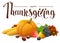 Happy Thanksgiving lettering text. Rich harvest of pumpkin, grapes, apple, corn, orange.