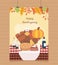 Happy thanksgiving poster hanging turkey pumpkin cake wine candles