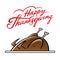 Happy Thanksgiving - roasted turkey on a platter. Festive food, holiday meal. Isolated, white background.