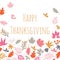 Happy Thanksgiving Scandi style card with autumn abstract doodle leaves background. Thanksgiving template design