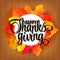 Happy Thanksgiving sticker or frame, tag label beautiful maple leaves. Wood background, vector illustration.