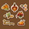 Happy Thanksgiving stickers. Cartoon turkey, pumpkin, rowan