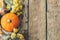 Happy Thanksgiving. Stylish pumpkin, autumn leaves, flowers and cozy blanket on rustic old wooden background. Rural fall layout