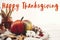 Happy Thanksgiving text,  greeting sign pumpkin with fall leaves, cotton, cinnamon, anise, acorns, nuts, berries on white knitted