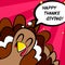 Happy Thanksgiving vector card with turkey on pink background. Comics style