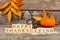 Happy Thanksgiving wooden blocks against rustic wood with autumn leaves