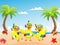 Happy three cartoon duck on the beach summer