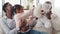 Happy three generation afro american family at home play with teddy bears close-up portrait. Little black girl daughter