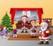 Happy three santa claus with kids decorating christmas tree