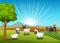 Happy three sheeps in farm background