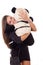 Happy thrilled business woman hugging teddy bear