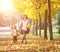 Happy time family and love abstract: mother and daughter run in autumn park