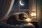 happy and tired sloth sleeps in a bed with pillow window and moon