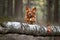 happy toller retriever dog jumping over a fallen tree in the forest