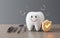 happy tooth with Shield protect,. Cute dentist mascot. Oral health and dental inspection teeth. Medical dentist tool, children
