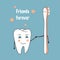 Happy tooth and toothbrush cartoon characters. Stop caries. Oral health, medical theme. Hand drawn vector illustration