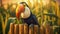 Happy Toucan Poses On Farm Fence Post With Lush Cornfield Background