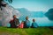 Happy tourist family with kids travel looking at nature, Europe