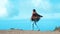 Happy tourist woman jump and enjoy outdoor leisure activity alone. Overjoyed adult woman with colorful mexican poncho have fun on