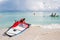 Happy tourists kayaking in the transparent water of Caribbean, Varadero, Cuba