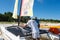 Happy tourists kayaking in the transparent water of Caribbean, Varadero, Cuba