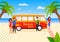 Happy Tourists on Summer Bus Trip Vacation Cartoon