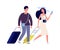 Happy tourists. Summer vacation, weekend travel couple with suitcases. Flat woman man with bags vector characters