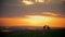 Happy traditional family walking outdoor - mom, dad and little son - to sunset at summer meadow